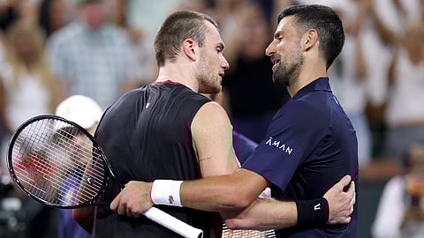 Jack Draper of Great Britain is congratulated by Novak Djokovic of Serbia after their match during Day 8 of the BNP Paribas Open at the Indian Wells Tennis Garden on March 11, 2026 in Indian Wells, California.