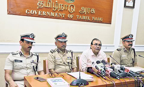 Home Secretary Dheeraj Kumar and top police officials of the state addressing a presser on Thursday 