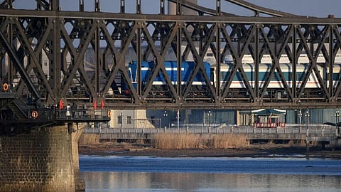 A passenger train arrives from North Korea to the Chinese border city of Dandong in February 2019