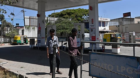 A private LPG gas bunk for vehicles seen closed due to scarcity of gas near Nayandahalli in Bengaluru on Wednesday.