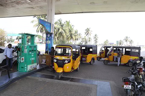 After the CNG stock arrived at a station commerical vehicles has been lined up to fill gas at Kuruchi pirivu in Coimbatore on Wednesday.