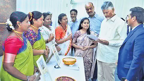 Chief Minister N Chandrababu Naidu launches millet based menu Araku Kouni during the Collectors Conference at the AP Secretariat in Velagapudi on Thursday.