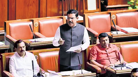 State BJP president BY Vijayendra makes a point in the Assembly on Thursday  