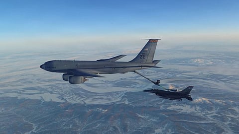 This photo provided by the US Department of Defense shows a North American Aerospace Defense Command F-16 fighter refuelling from a KC-135 Stratotanker over western Alaska on Thursday, Feb. 19, 2026. 