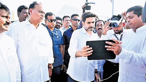 IT Minister Nara Lokesh takes part in the groundbreaking ceremony of Sagar Defence Engineering unit in Nellore district on Thursday.