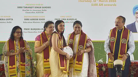 CM Rekha Gupta, Education Minister Ashish Sood at the convocation ceremony of Indira Gandhi Delhi Technical University for Women, Kashmere Gate.