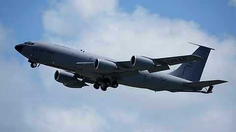 FILE - A U.S. Air Force KC-135 Stratotanker refueling tanker aircraft takes off from the Kadena Air Base airfield in Kadena town, west of Okinawa, southern Japan, Wednesday, Aug. 30, 2023.