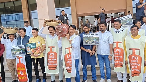 Congress MLA's protest outside the Gujarat Legislative Assembly in Gandhinagar on 13, Friday, 2026.