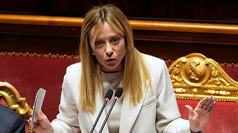 Italy's Prime Minister Giorgia Meloni addresses the Senate regarding the conflict in Iran and the Gulf region, in Rome, Wednesday, March 11, 2026.