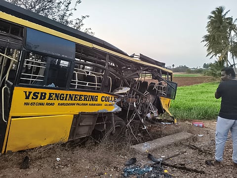 A goods train struck the private engineering college bus carrying around 50 students when it attempted to cross the unmanned level crossing in Karur on Saturday evening.