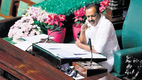 Speaker UT Khader makes a point in the Legislative Assembly on Friday.