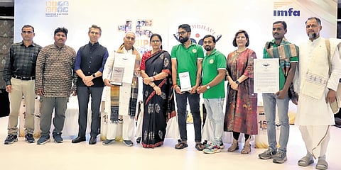 Winners of Shambhavi Puraskar with deputy CM Pravati Parida, Global CEO of Magic Bus India Foundation Jayant Rastogi and BIPF founder and CEO Shaifalika Panda 