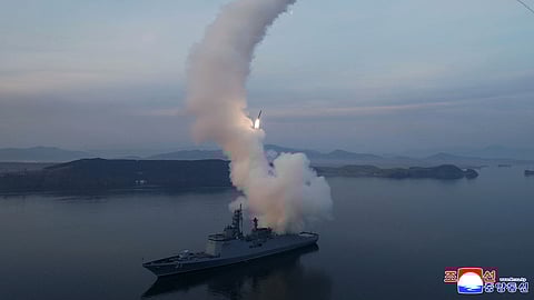 This photo provided by the North Korean government shows what it says is the test-firing of the cruise missiles from the naval destroyer, the Choe Hyon, in North Korea, Tuesday, March 10, 2026.