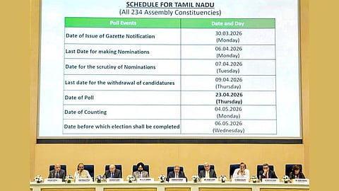 Chief Election Commissioner Gyanesh Kumar, centre, with Election Commissioners S S Sandhu and Vivek Joshi during a press conference to announce the Assembly election schedule for West Bengal, Tamil Nadu, Kerala, Assam and Puducherry, at Vigyan Bhawan in New Delhi, Sunday, March 15, 2026.