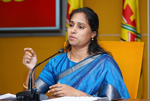 TDP MLA Galla Madhavi addressing the media on Saturday.