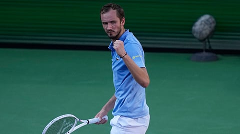 Daniil Medvedev, of Russia, reacts after winning a point against Carlos Alcaraz, of Spain, during a semifinal match at the BNP Paribas Open tennis tournament, Saturday, March 14, 2026, in Indian Wells, Calif.