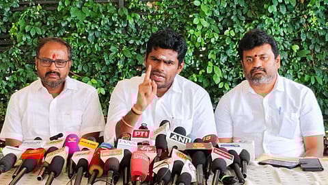 BJP leader, K Annamalai addressing the press at Coimbatore International Airport in Coimbatore on Saturday.