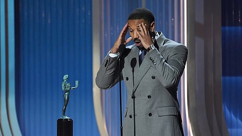Michael B. Jordan accepts the award for outstanding performance by a male actor in a leading role for "Sinners" during the 32nd Annual Actor Awards on Sunday, March 1, 2026, at the Shrine Auditorium and Expo Hall in Los Angeles. 