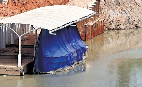 The solar boat introduced as part of Chilakoor Tunnel tourism lying idle in Varkala in Thiruvananthapuram.