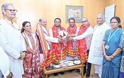 Manmohan Samal, Sujeet Kumar, Dilip Ray greeting CM Mohan Charan Majhi after RS poll victory.