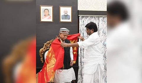 Deputy Chief Minister Mallu Bhatti Vikramarka greets and formally invites Governor Shiv Pratap Shukla to the Budget session of the Assembly, on Sunday.