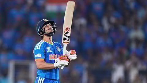 India's Ishan Kishan celebrates his fifty runs during the T20 World Cup cricket final match between India and New Zealand in Ahmedabad, India, Sunday, March 8, 2026. 