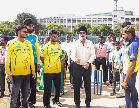 Prashant Veer (L), Gurjapneet Singh (2nd L) & Kartik Sharma during the inauguration of Gurunanak College All India T20 cricket tournament in Chennai on Monday