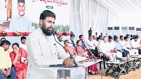 Deputy CM Pawan Kalyan addressing a meeting organised as part of the unveiling ceremony of the bronze statue of Amarajeevi in Amaravati on Monday.