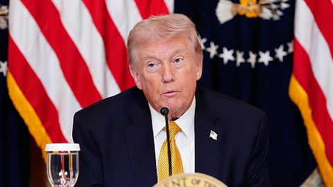US President Donald Trump speaks during a meeting at the East Room of the White House, Monday, March 16, 2026, in Washington.