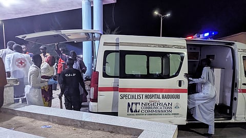 An ambulance is seen at the hospital following a bomb blast in Maiduguri, Nigeria, Monday, March 16, 2026.