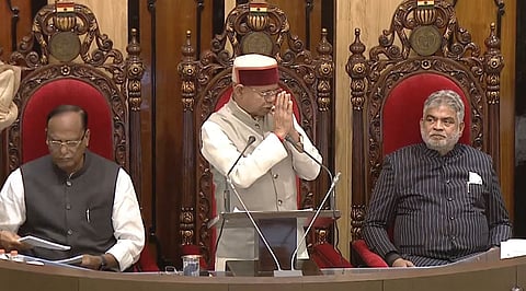 Governor Shiv Pratap Shukla greets the Assembly before commencing  his address in Hyderabad on Monday.