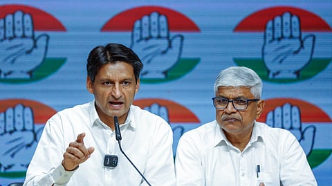 Congress leaders Deepender Singh Hooda, along with Rajendra Pal Gautam, address a press conference at the AICC office in New Delhi on Tuesday, March 17, 2026.
