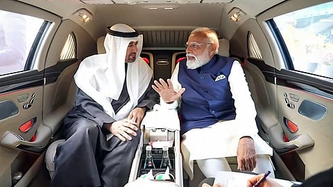 In this photo from Jan. 19, 2026, Prime Minister Narendra Modi receives the President of the United Arab Emirates, Sheikh Mohamed bin Zayed Al Nahyan, at the airport in New Delhi. 