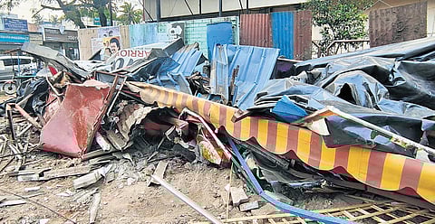 Corporation officials on Tuesday demolished the hotel constructed on a government land in K K Nagar after eight people fell ill recently.