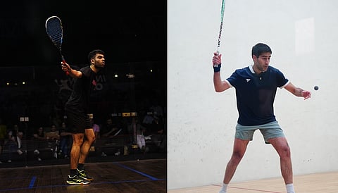 Indian squash players Veer Chotrani (R) and Ramit Tandon