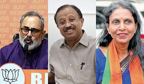 From left to right: BJP's Nemom candidate Rajeev Chandrasekhar,  Kazhakkoottam candidate V Muraleedharan and Vattiyoorkkavu candidate R Sreelekha.