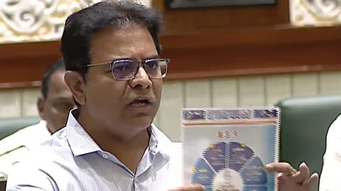 BRS working president KT Rama Rao makes a point in the Legislative Assembly in Hyderabad on Tuesday