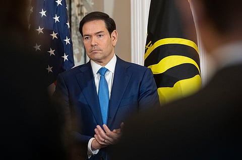 Secretary of State Marco Rubio takes part in a U.S. Hostage and Wrongful Detainee Flag Raising ceremony at the State Department, Monday, March 9, 2026 in Washington.