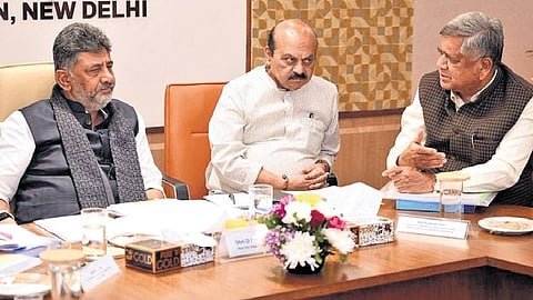 Deputy Chief Minister DK Shivakumar, Haveri MP Basavaraj Bommai and Belagavi MP Jagadish Shettar at a meeting in New Delhi on Tuesday.