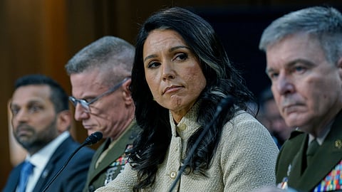 From left, FBI Director Kash Patel, Defense Intelligence Agency Director James Adams III, Director of National Intelligence Tulsi Gabbard, and Acting Commander of the US Cyber Command William Hartman, listen during the Senate Committee on Intelligence hearings to examine worldwide threats on Capitol Hill Wednesday, March 18, 2026, in Washington.