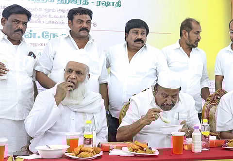 17/03/2026, Tiruchy, Tamil Nadu: DMK Principal secretary KN Nehru participating Iftar function in Tiruchy.