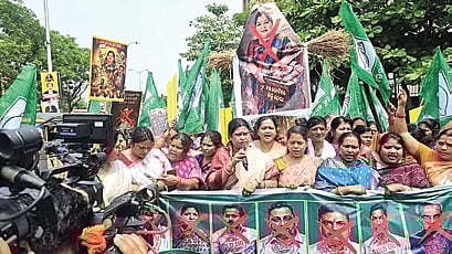 BMJD members demonstrating in front of the residence of BJD MLA Subasini Jena.
