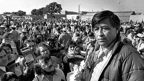 FILE - United Farm Workers President Cesar Chavez talks to striking Salinas Valley farmworkers during a large rally in Salinas, Calif., on March 7, 1979.
