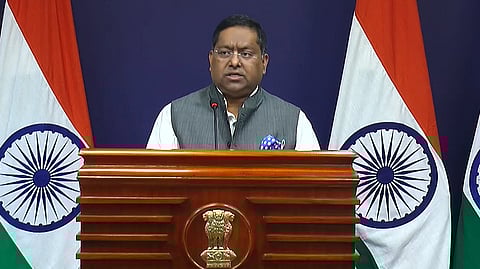 MEA Spokesperson Randhir Jaiswal addresses a weekly briefing in New Delhi on Thursday, March 19, 2026.