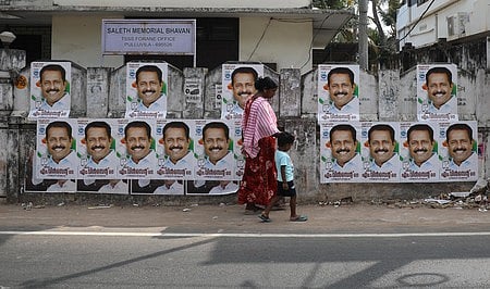 A posters of M. Vincent, the UDF candidate for Kovalam constituency, put up at Pulluvila in Thiruvananthapuram ahead of the Assembly elections.