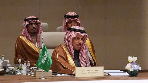 Saudi Arabia's Foreign Minister Prince Faisal bin Farhan Al-Saud chairs a consultative meeting of foreign ministers from a group of Arab and Islamic countries in the Saudi capital, Riyadh, Thursday.