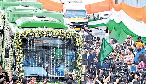 Delhi Chief Minister Rekha Gupta flags off 300 electric buses at the Indraprastha Bus Depot, in New Delhi on Friday. 