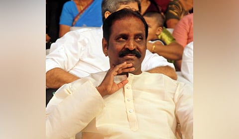 Lyricist Vairamuthu during the audio launch of Puli film in Chennai.