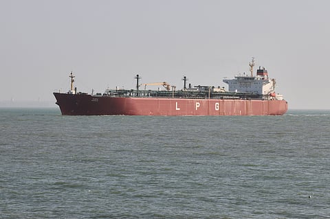 In this photo provided by Mundra Port, Indian LPG vessel Shivalik arrives at LPG terminal Mundra Port in Mundra, India, Monday, March 16, 2026. 