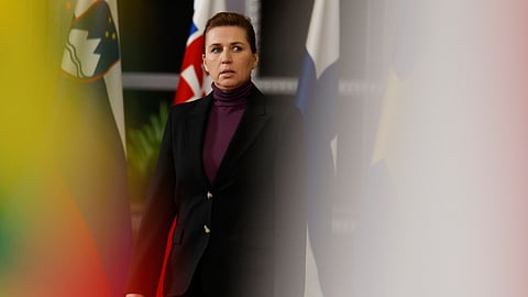 Denmark's Prime Minister Mette Frederiksen arrives for the EU summit in Brussels, Jan. 22, 2026.